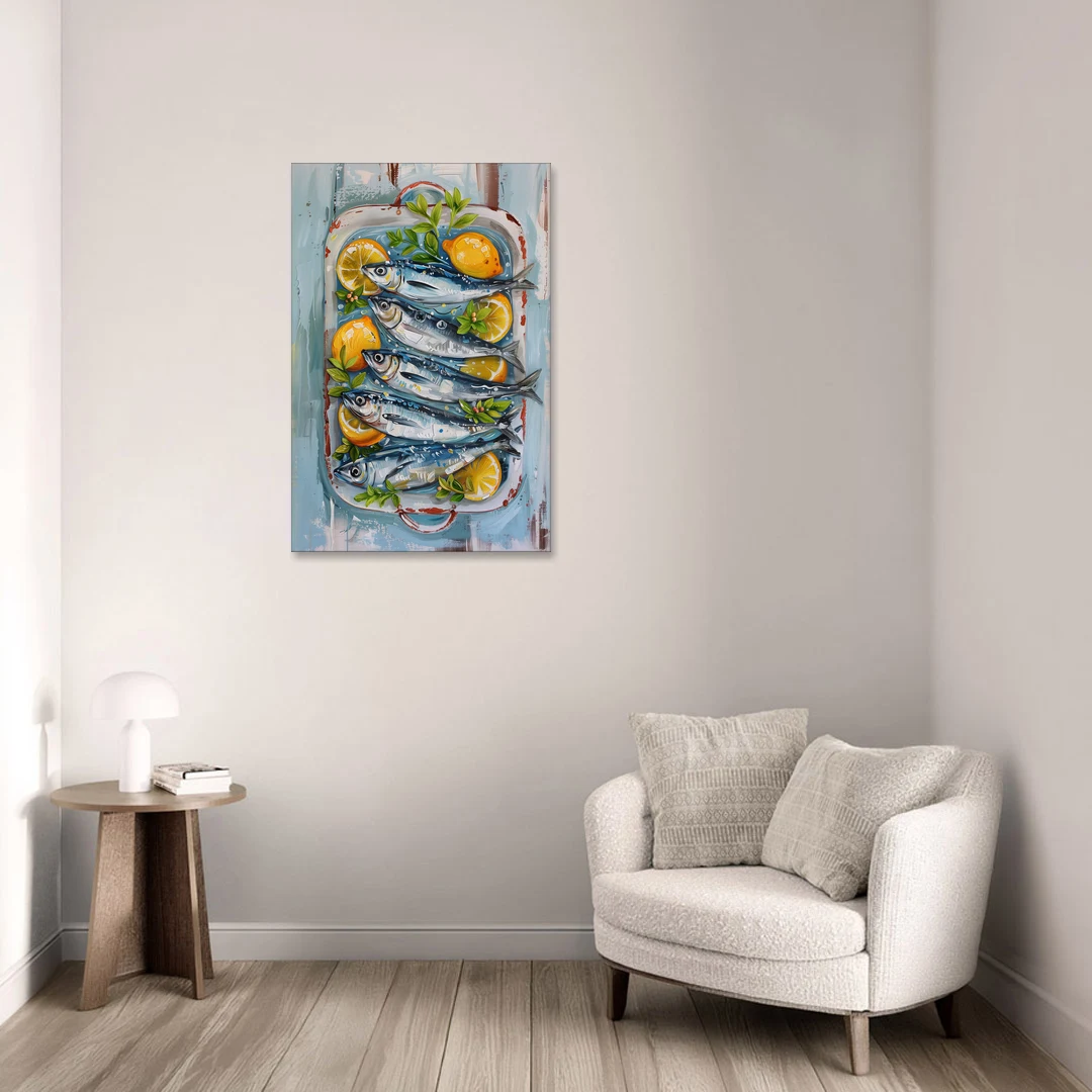 Sardines Painting with Lemon Slices - Canvas Wall Art - Sofa - 24x36