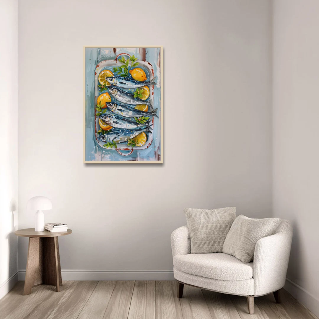 Sardines Painting with Lemon Slices - Oak Framed Canvas Wall Art - Sofa - 24x36
