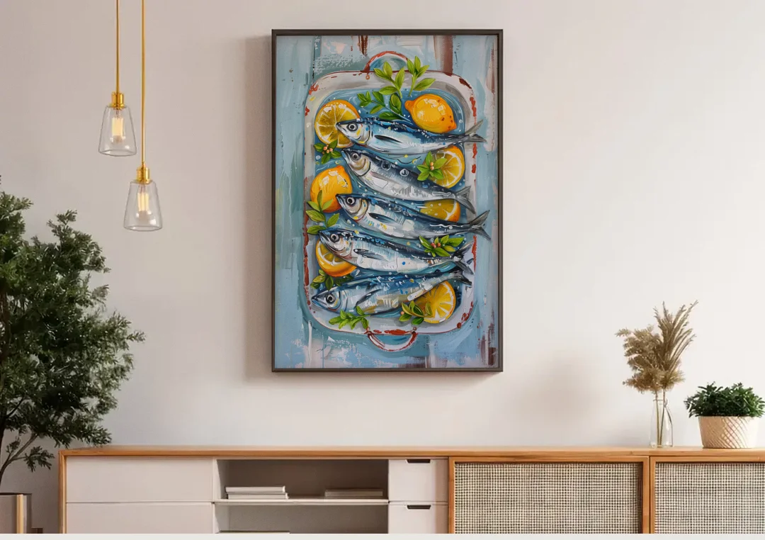 Sardines Painting with Lemon Slices canvas wall art above a wooden sideboard under pendant lights