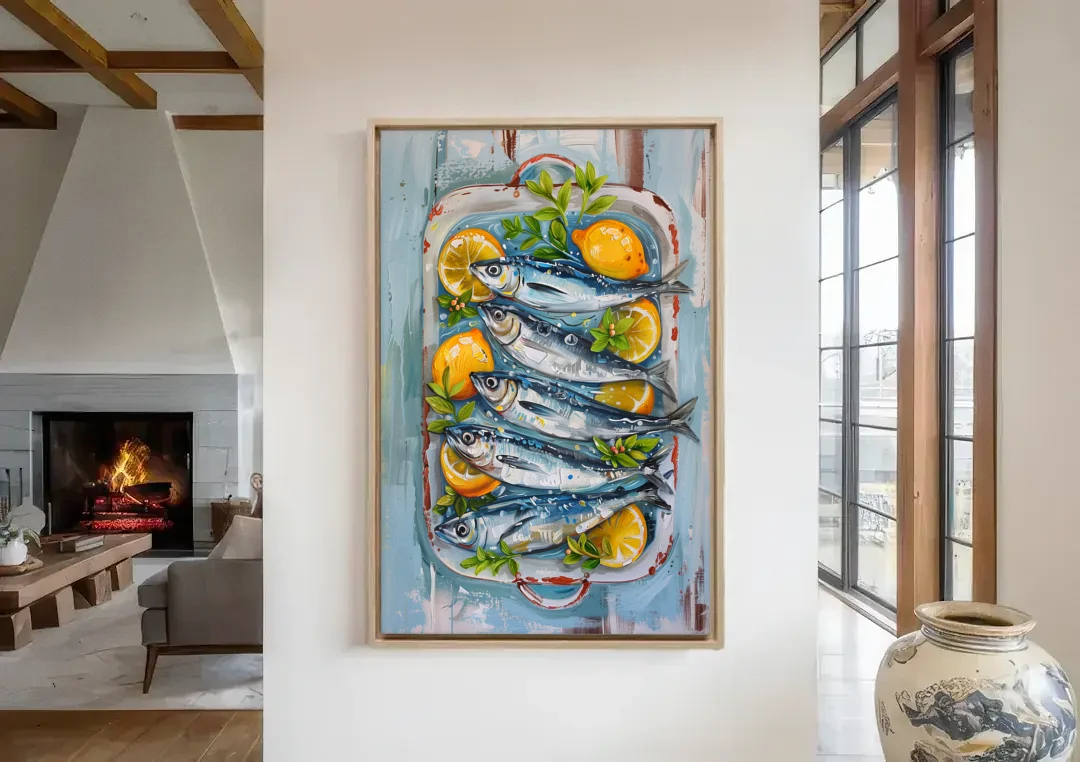 Sardines Painting with Lemon Slices canvas wall art in a living room with a fireplace
