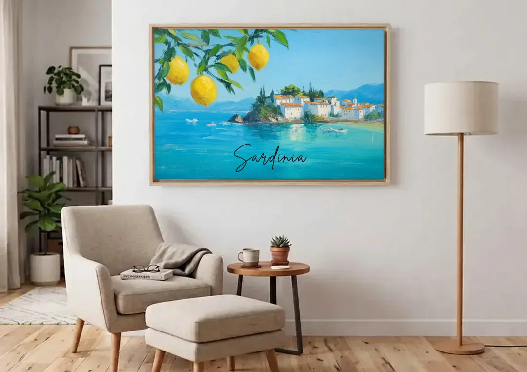 Sardinia Art with Lemon Branches canvas wall art above an armchair in a bright living room