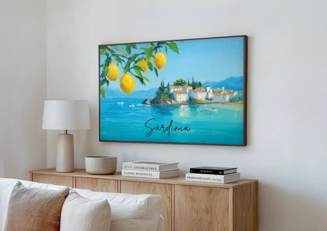 Sardinia Art with Lemon Branches canvas wall art above a wooden sideboard next to a sofa