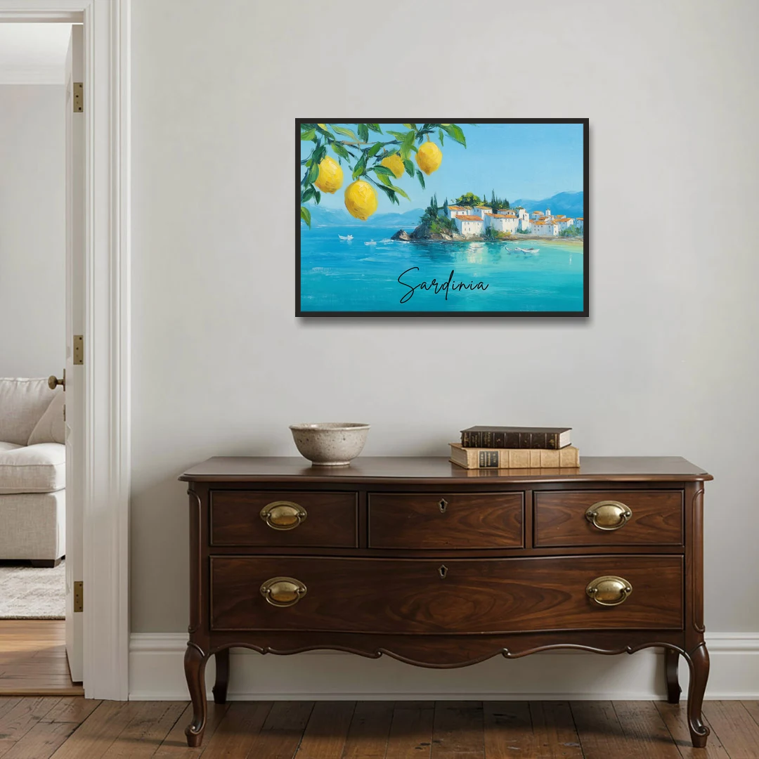 Sardinia Art with Lemon Branches - Black Framed Canvas Wall Art - Coffee Table - 36x24
