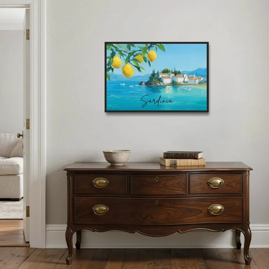 Sardinia Art with Lemon Branches - Black Framed Canvas Wall Art - Coffee Table - 36x24
