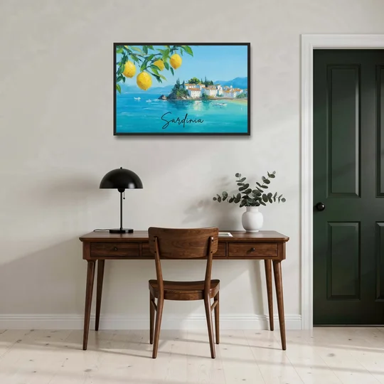 Sardinia Art with Lemon Branches - Black Framed Canvas Wall Art - Office - 36x24