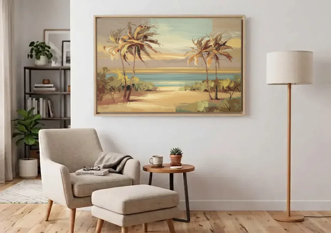 Savannah Coastal Beauty canvas wall art above an armchair in a bright living room