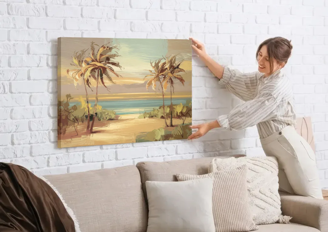 Savannah Coastal Beauty canvas wall art being hung on a white brick wall above a sofa