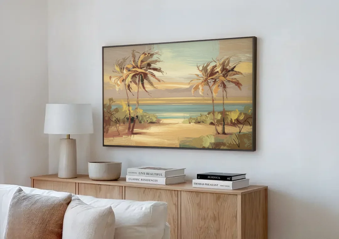 Savannah Coastal Beauty canvas wall art above a wooden sideboard next to a sofa