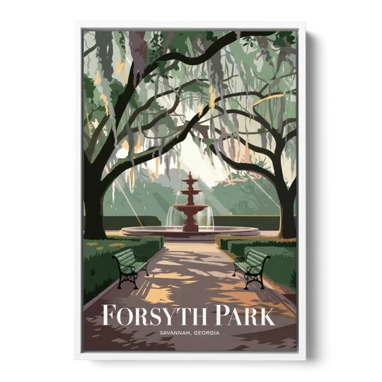 Savannah Forsyth Park Pathway - White Framed Canvas Wall Art - Front