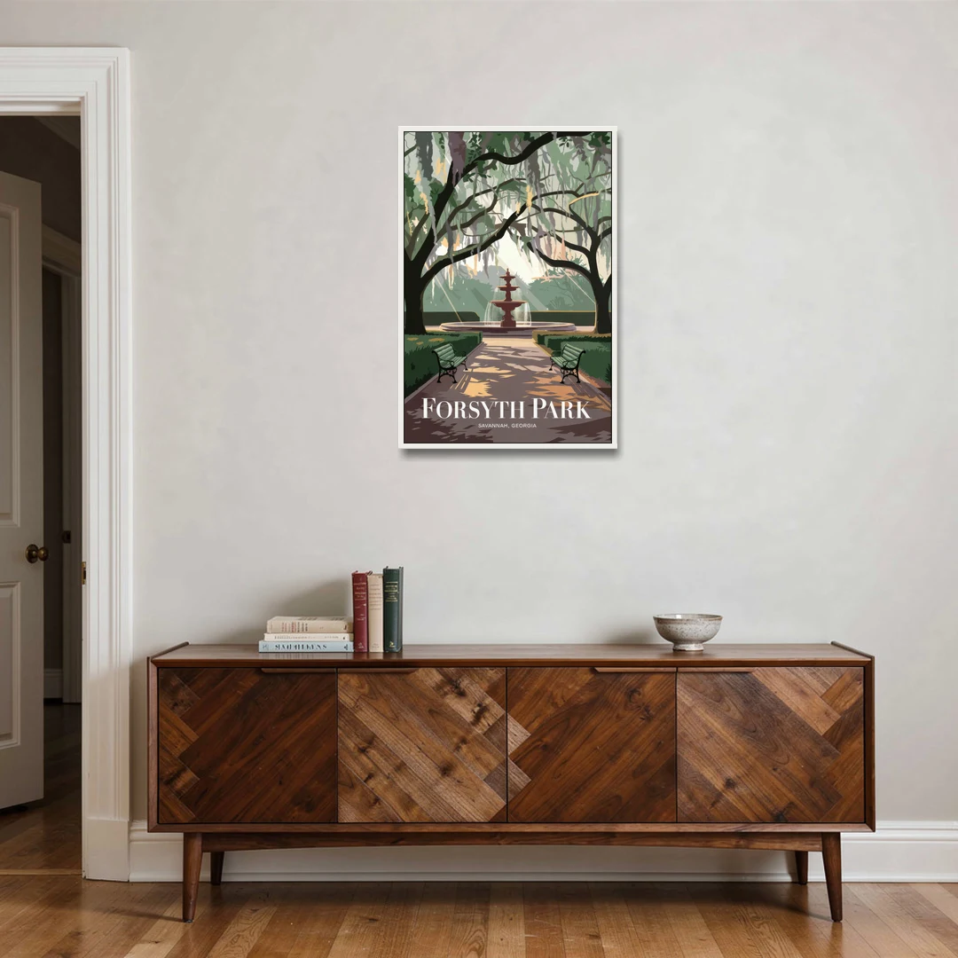 Savannah Forsyth Park Pathway - White Framed Canvas Wall Art - Coffee Table - 24x36
