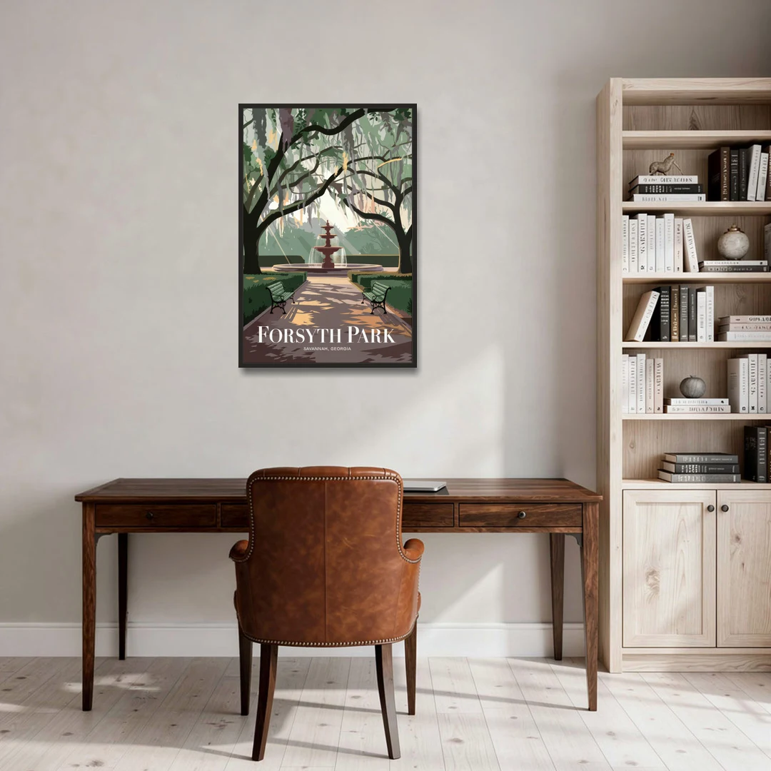 Savannah Forsyth Park Pathway - Black Framed Canvas Wall Art - Office - 24x36