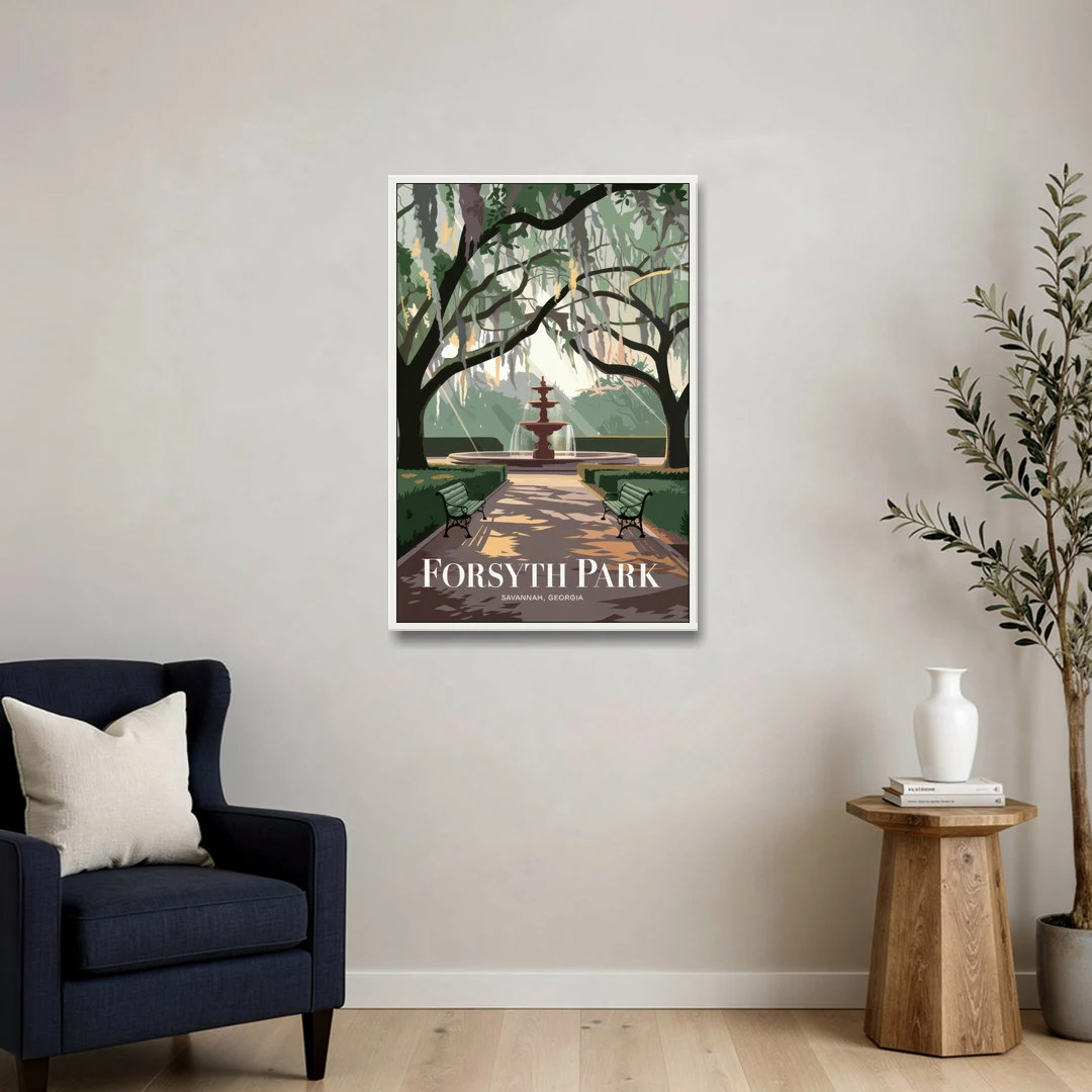 Savannah Forsyth Park Pathway - White Framed Canvas Wall Art - Sofa - 24x36