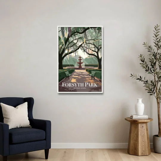 Savannah Forsyth Park Pathway - White Framed Canvas Wall Art - Sofa - 24x36