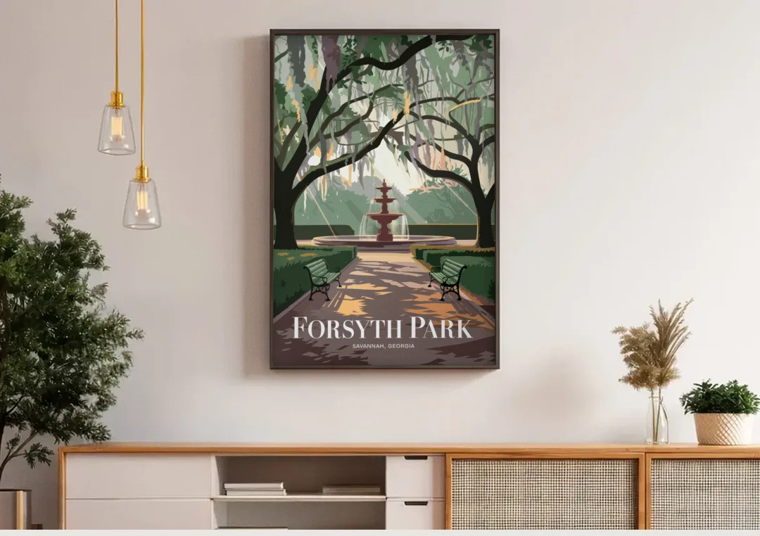 Savannah Forsyth Park Pathway canvas wall art above a wooden sideboard under pendant lights