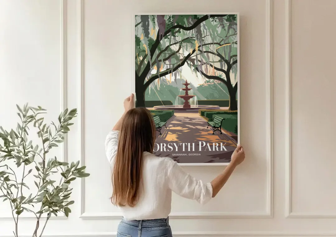 Savannah Forsyth Park Pathway canvas wall art being hung on a paneled wall
