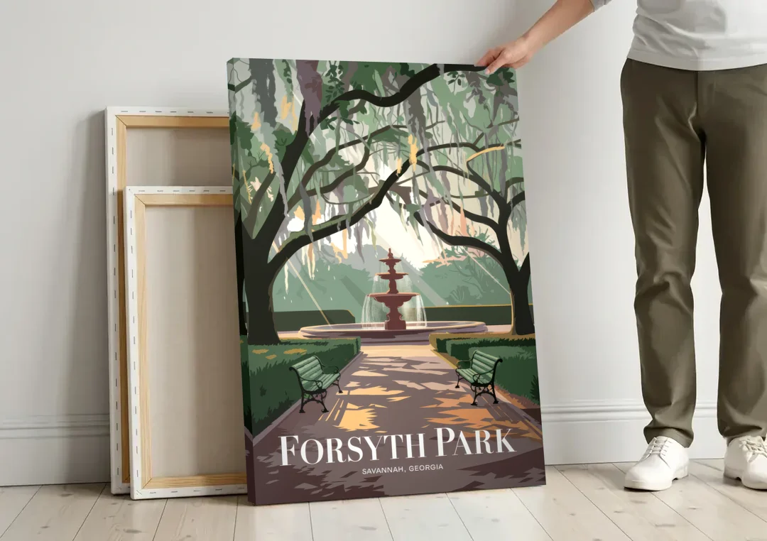 Savannah Forsyth Park Pathway canvas wall art leaning against a wall next to blank canvases