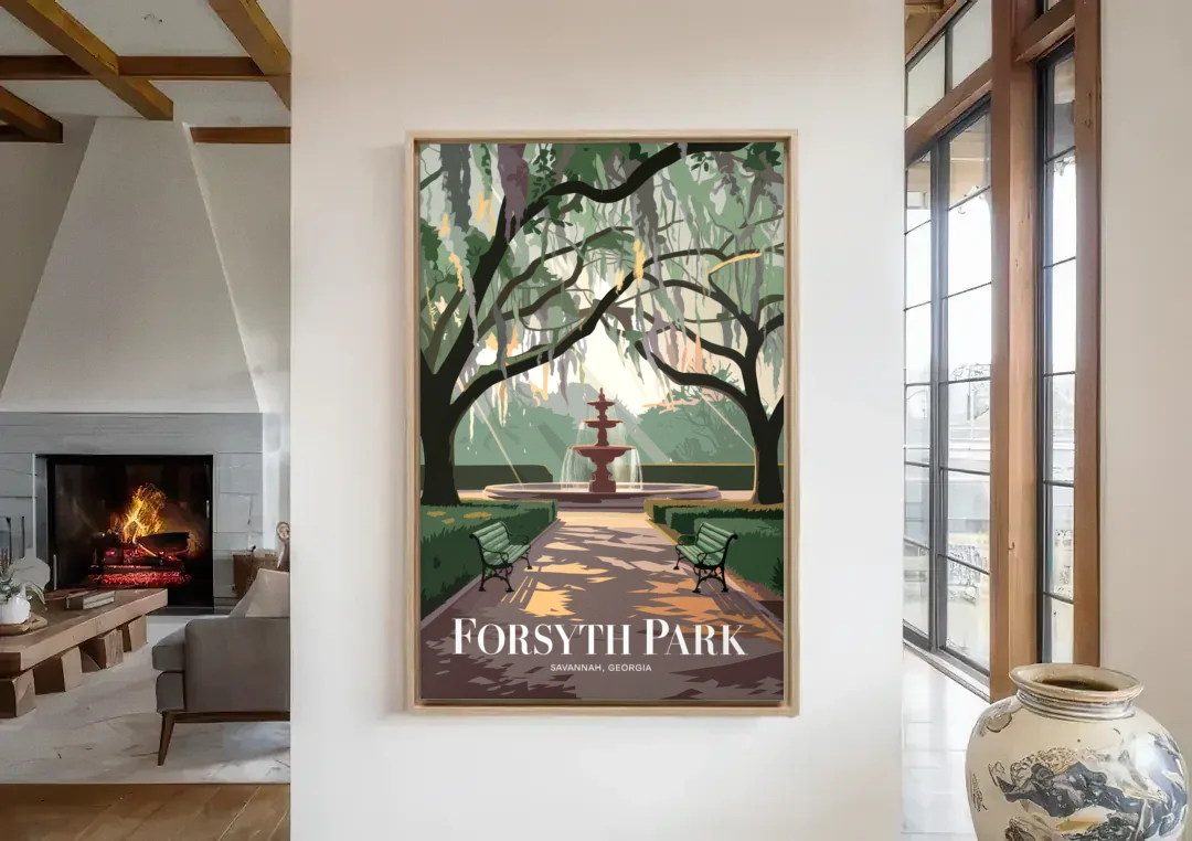 Savannah Forsyth Park Pathway canvas wall art in a living room with a fireplace