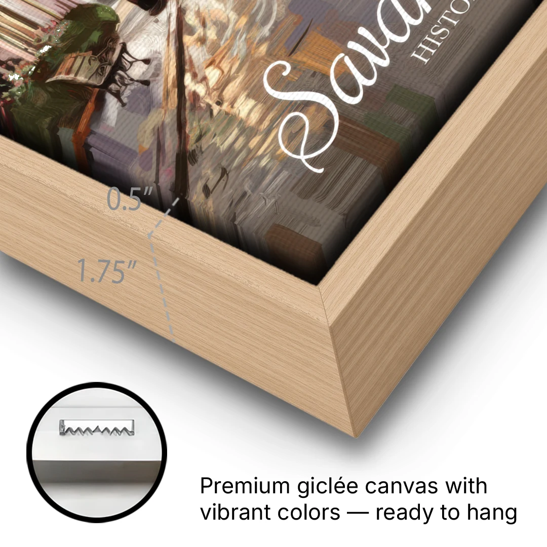 Savannah Historic District Charm - Oak Framed Canvas Wall Art - Gallery Wrap Corner