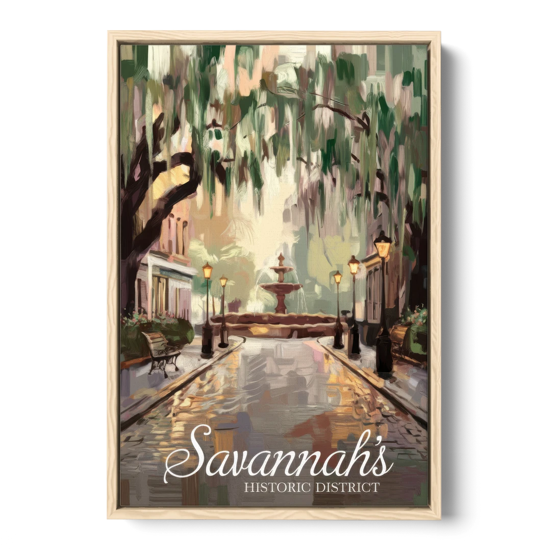 Savannah Historic District Charm - Oak Framed Canvas Wall Art - Front