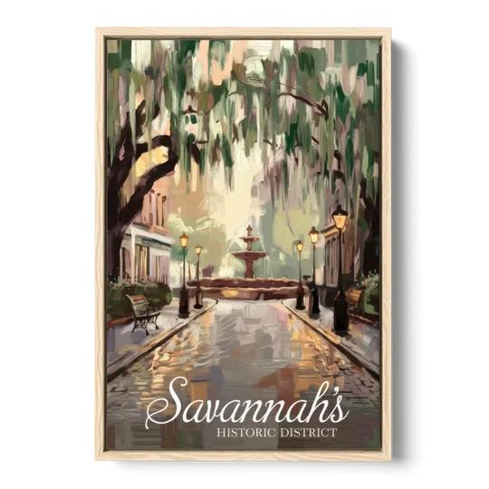 Savannah Historic District Charm - Oak Framed Canvas Wall Art - Front