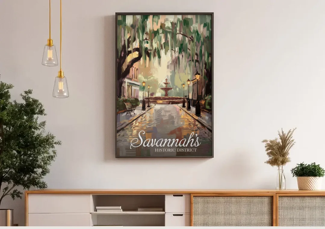 Savannah Historic District Charm canvas wall art above a wooden sideboard under pendant lights