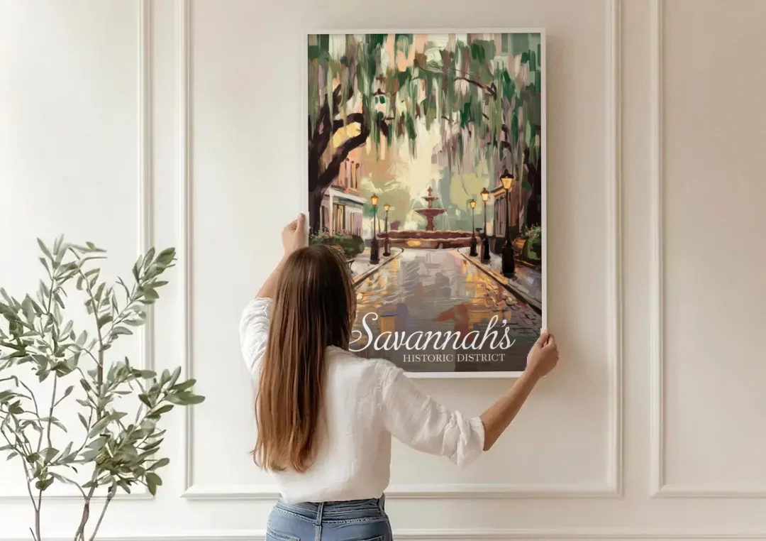 Savannah Historic District Charm canvas wall art being hung on a paneled wall
