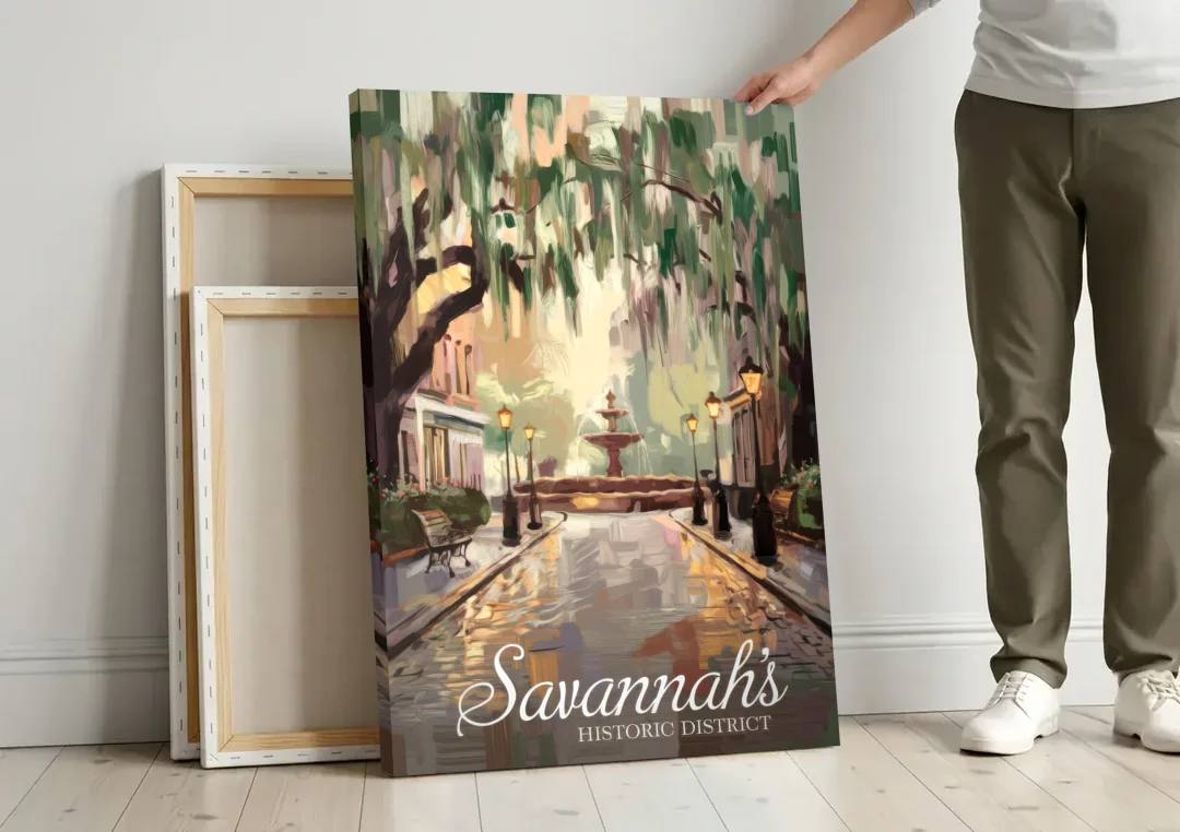 Savannah Historic District Charm canvas wall art leaning against a wall next to blank canvases