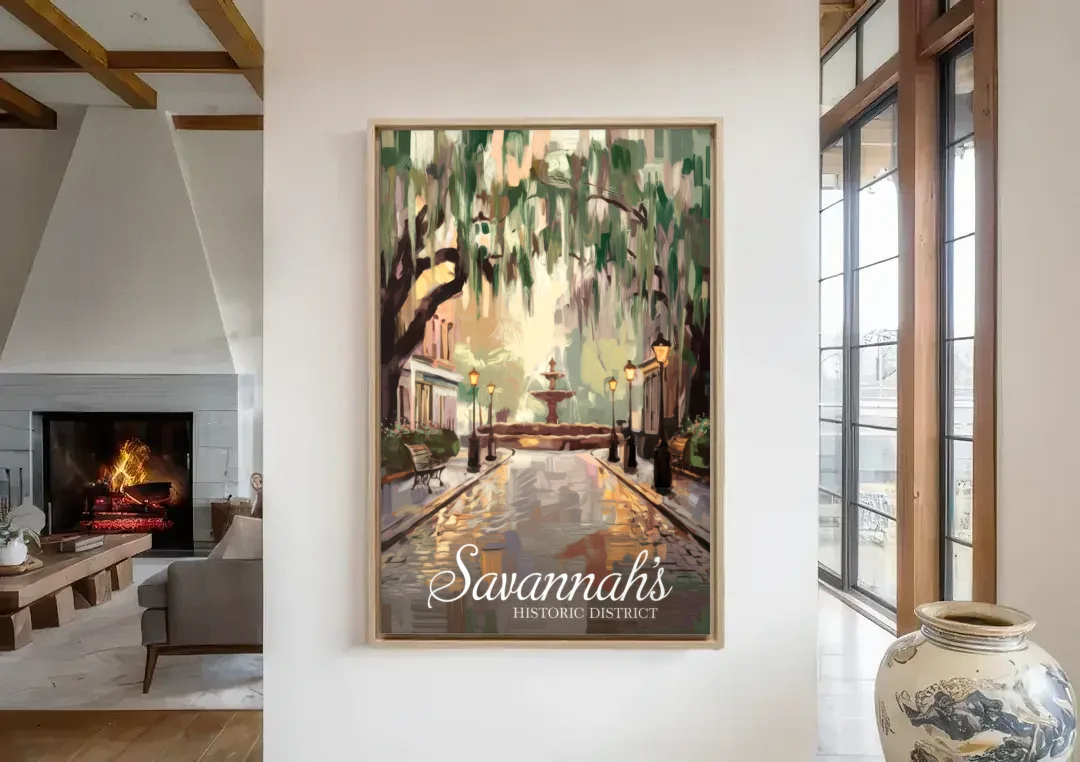 Savannah Historic District Charm canvas wall art in a living room with a fireplace