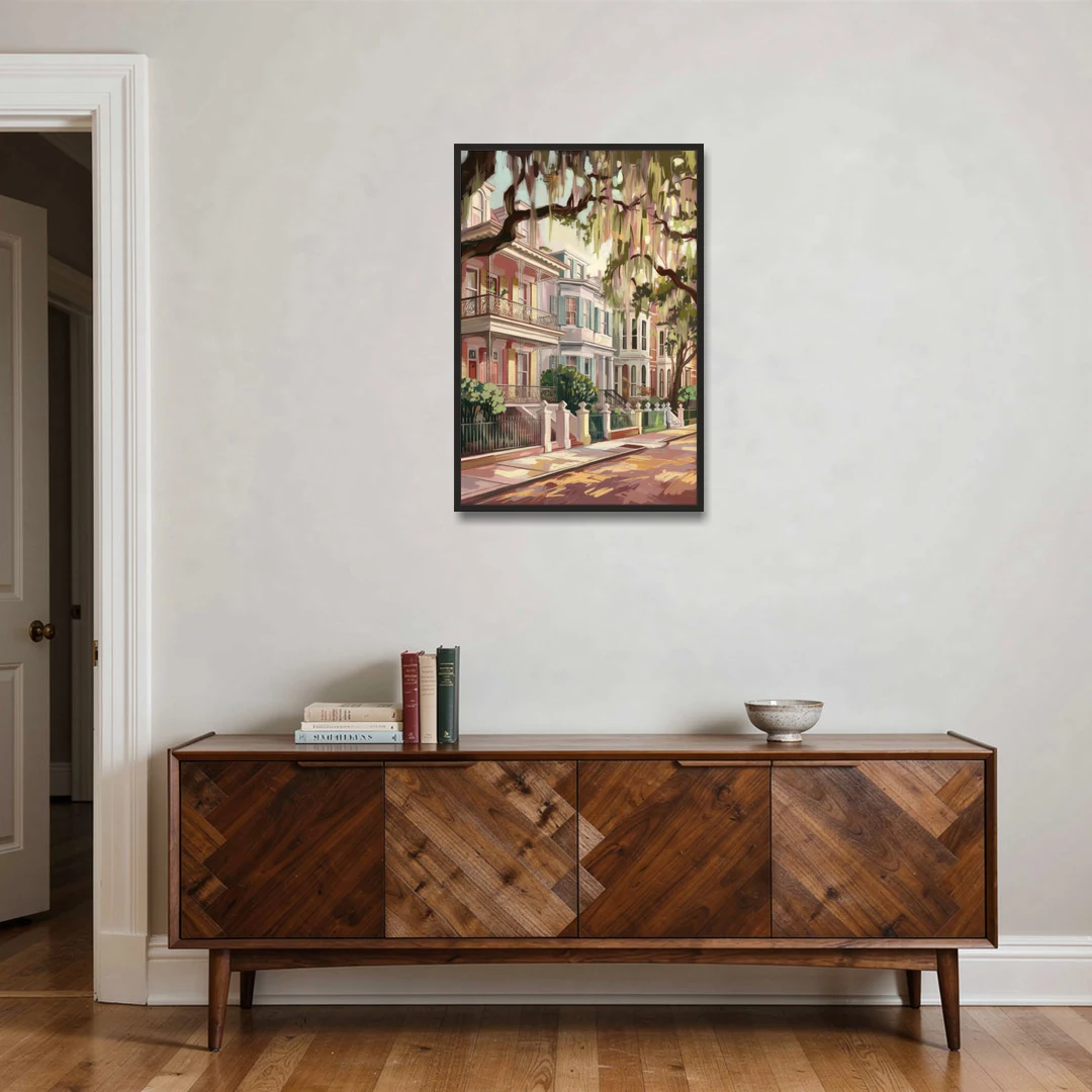 Savannah Historic Homes - Black Framed Canvas Wall Art - Coffee Table - 24x36