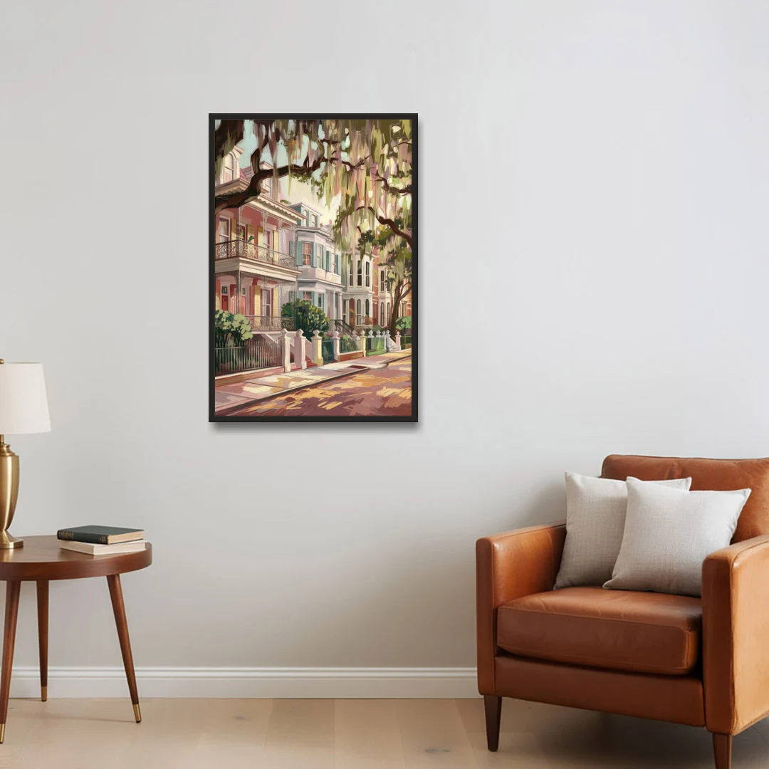 Savannah Historic Homes - Black Framed Canvas Wall Art - Sofa - 24x36
