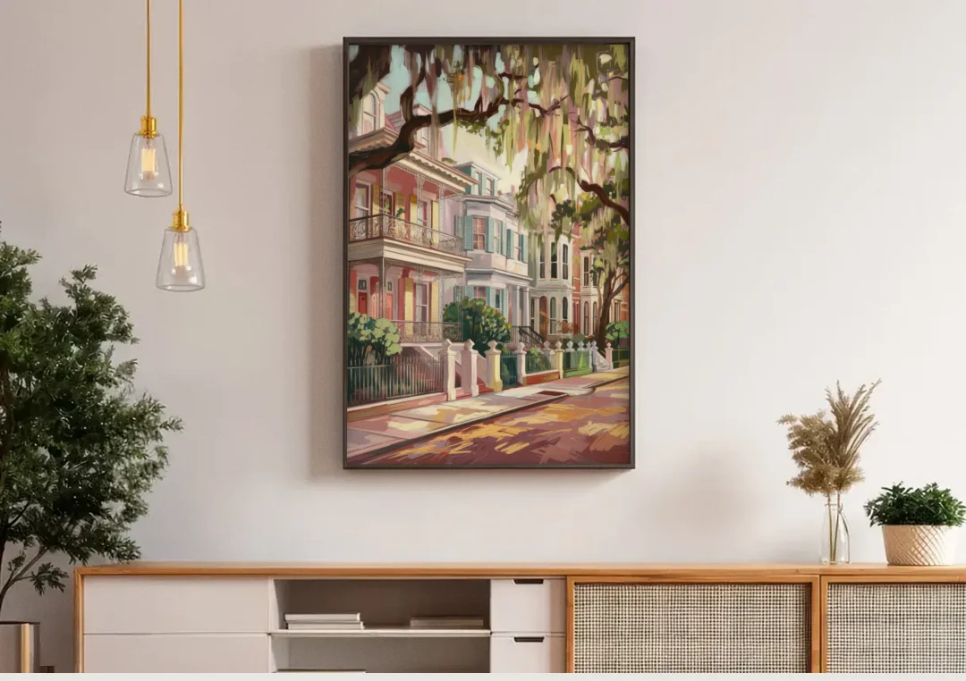 Savannah Historic Homes canvas wall art above a wooden sideboard under pendant lights