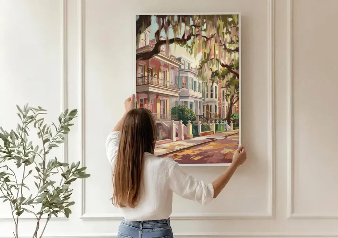 Savannah Historic Homes canvas wall art being hung on a paneled wall