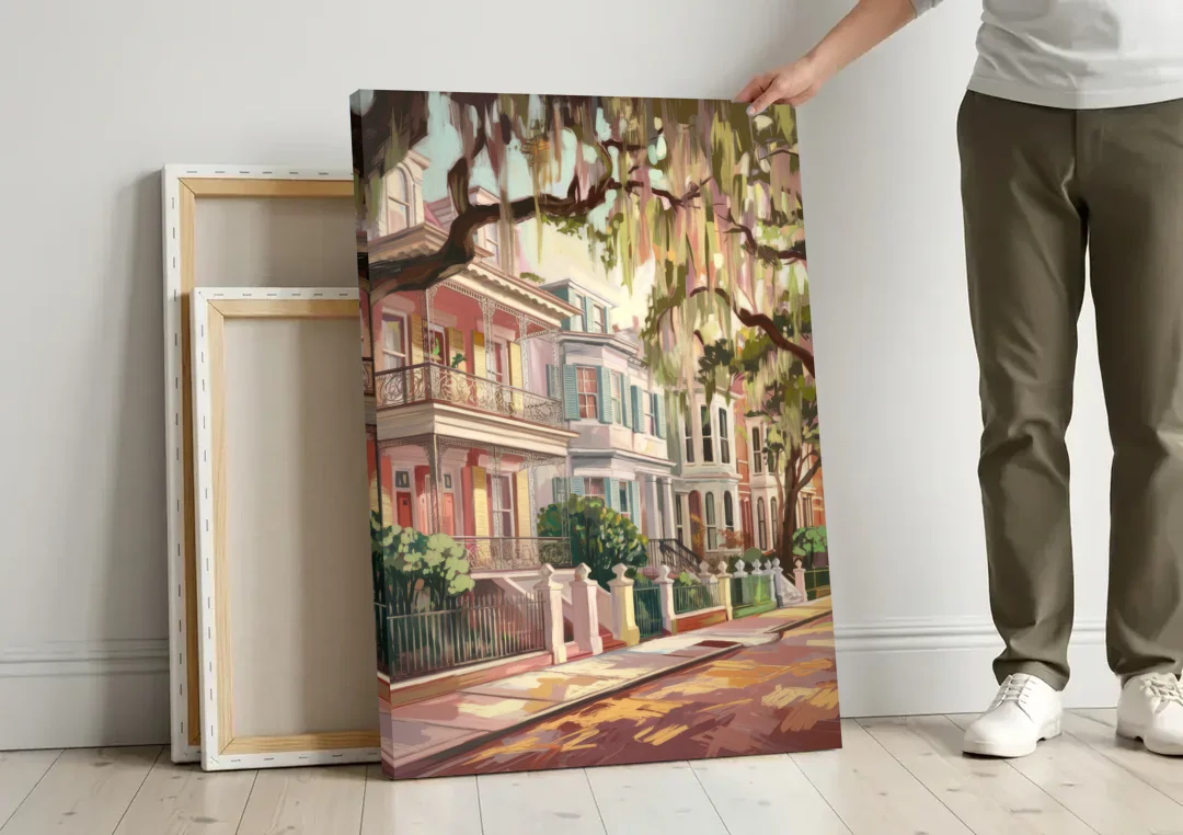 Savannah Historic Homes canvas wall art leaning against a wall next to blank canvases