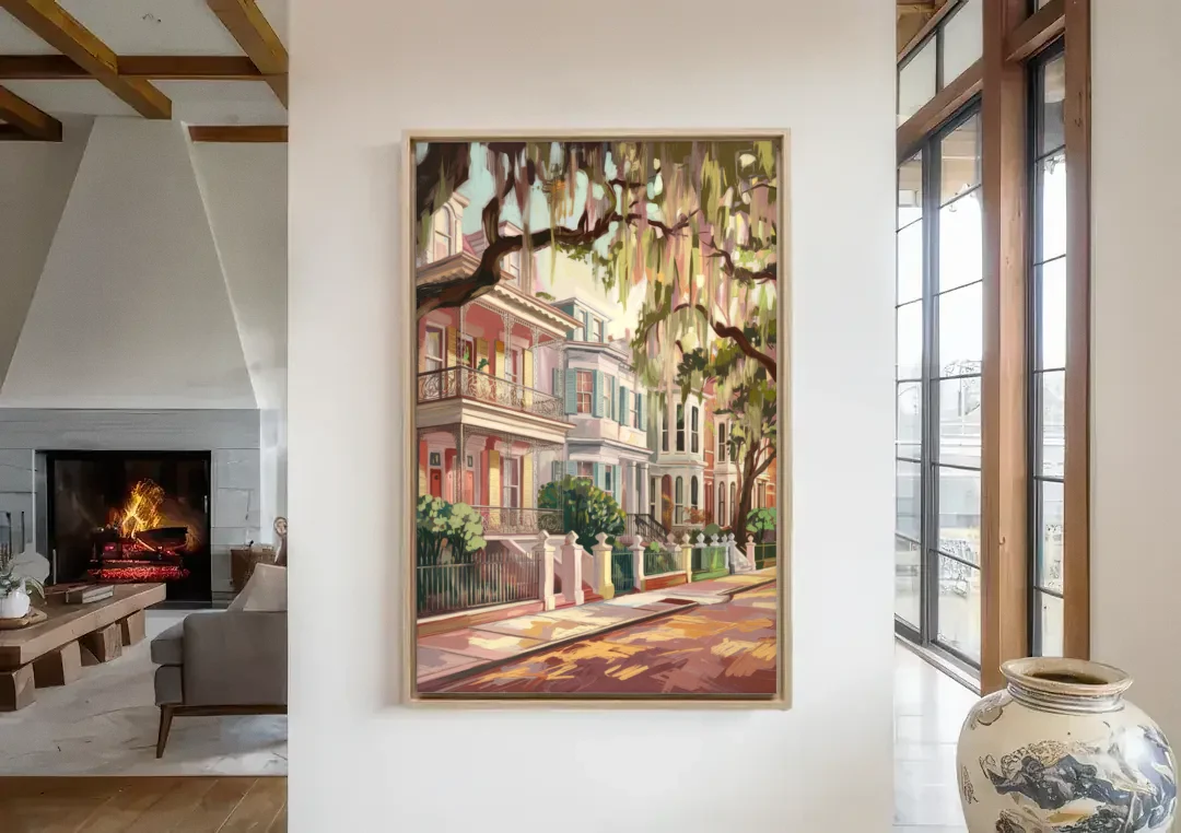 Savannah Historic Homes canvas wall art in a living room with a fireplace