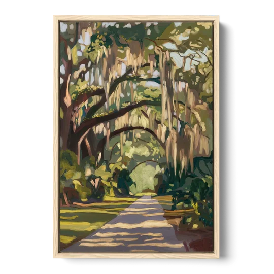 Savannah Oak Trees and Moss - Oak Framed Canvas Wall Art - Front