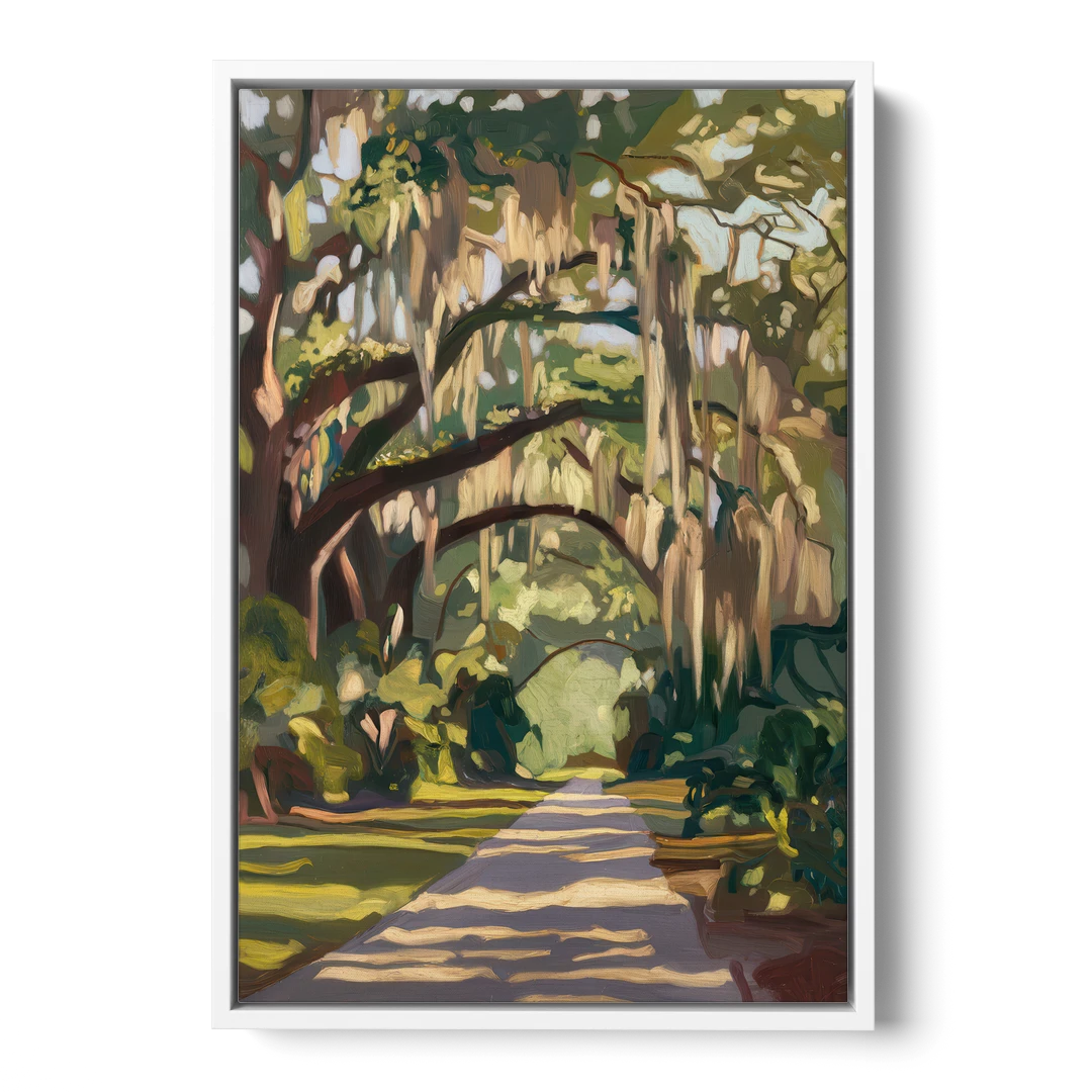 Savannah Oak Trees and Moss - White Framed Canvas Wall Art - Front