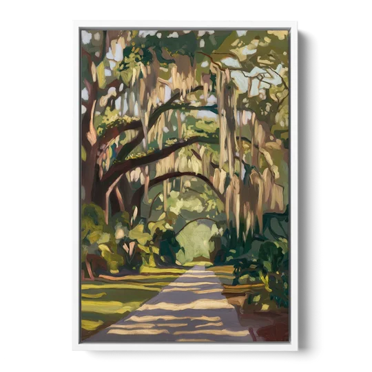 Savannah Oak Trees and Moss - White Framed Canvas Wall Art - Front