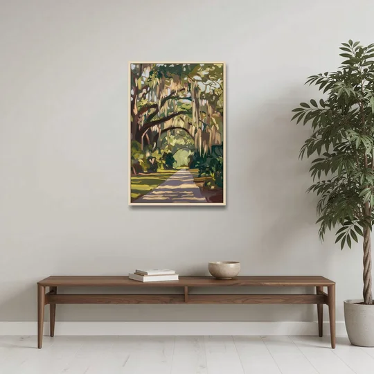 Savannah Oak Trees and Moss - Oak Framed Canvas Wall Art - Coffee Table - 24x36