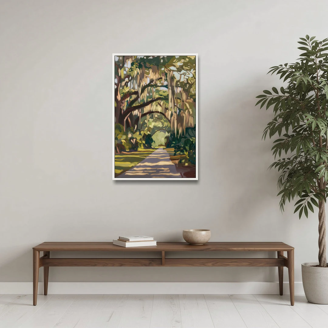 Savannah Oak Trees and Moss - White Framed Canvas Wall Art - Coffee Table - 24x36