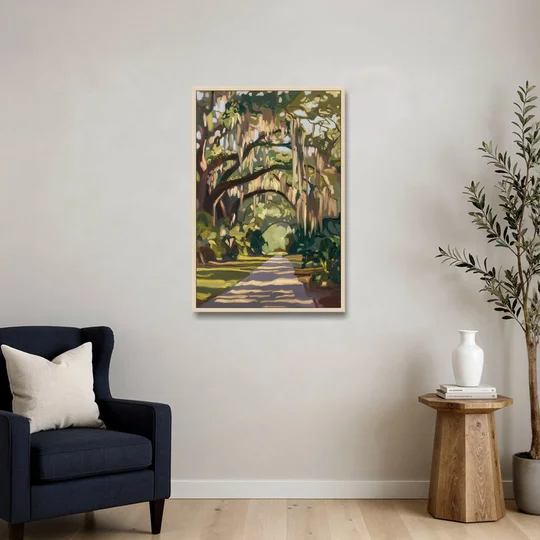 Savannah Oak Trees and Moss - Oak Framed Canvas Wall Art - Sofa - 24x36