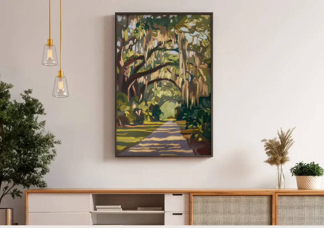 Savannah Oak Trees and Moss canvas wall art above a wooden sideboard under pendant lights