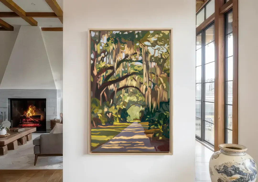 Savannah Oak Trees and Moss canvas wall art in a living room with a fireplace