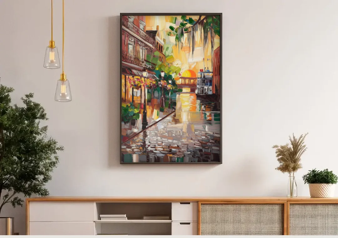 Savannah River Street Vibes canvas wall art above a wooden sideboard under pendant lights