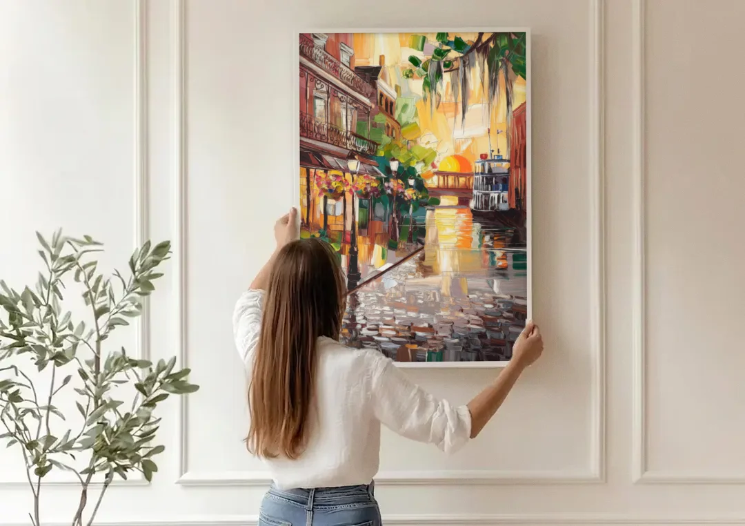 Savannah River Street Vibes canvas wall art being hung on a paneled wall