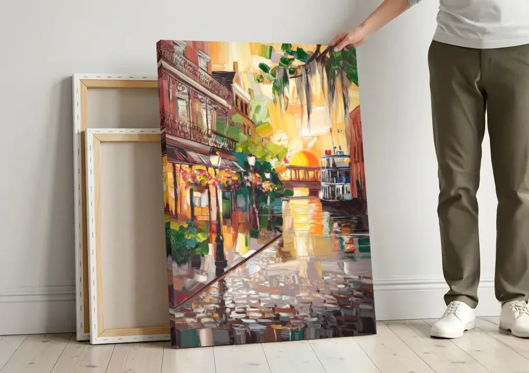 Savannah River Street Vibes canvas wall art leaning against a wall next to blank canvases