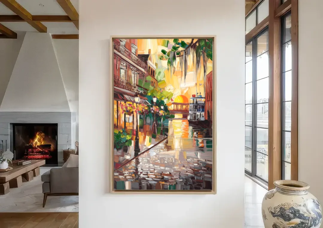Savannah River Street Vibes canvas wall art in a living room with a fireplace
