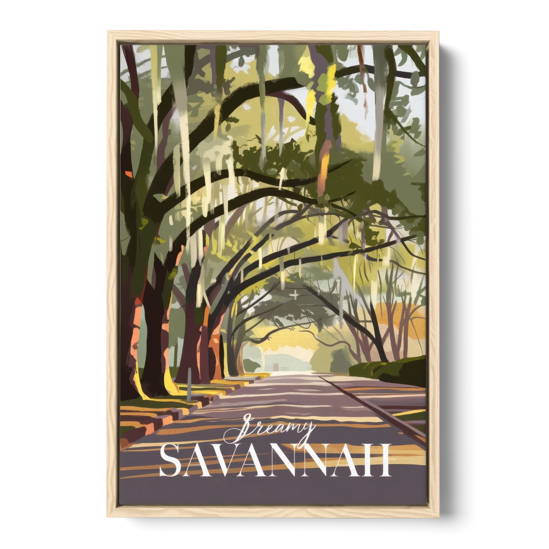 Savannah Spanish Moss Streets - Oak Framed Canvas Wall Art - Front