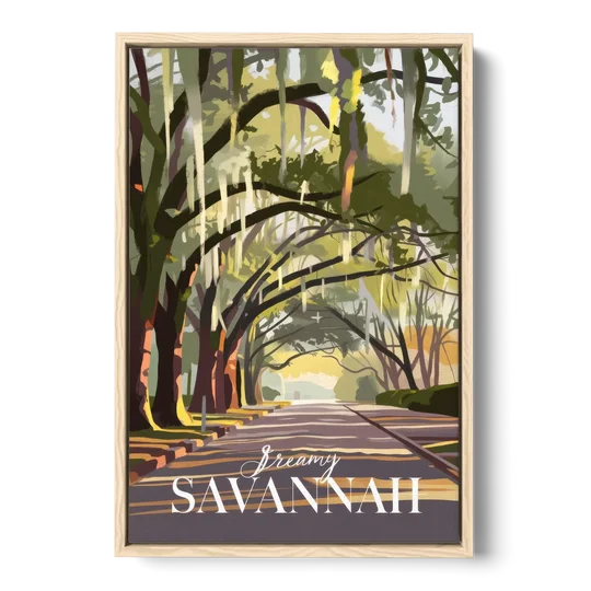 Savannah Spanish Moss Streets - Oak Framed Canvas Wall Art - Front