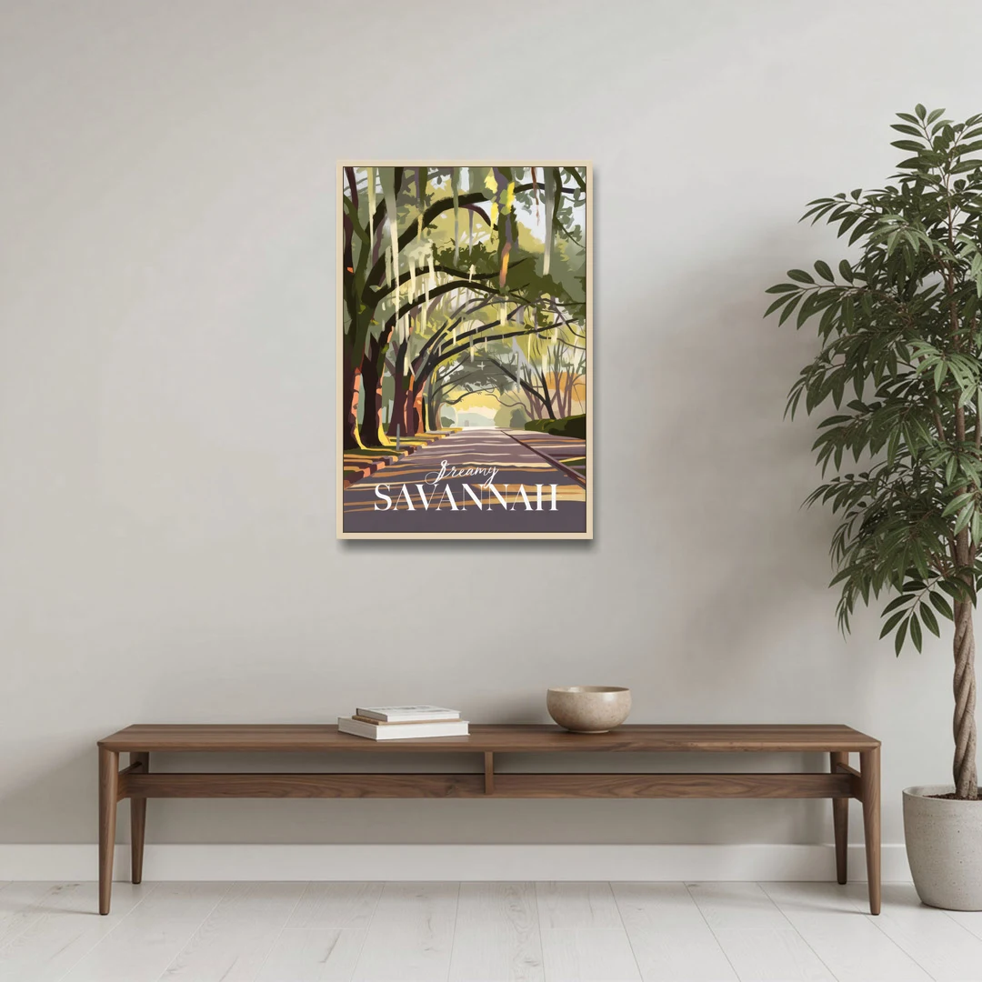Savannah Spanish Moss Streets - Oak Framed Canvas Wall Art - Coffee Table - 24x36