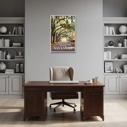 Savannah Spanish Moss Streets - Oak Framed Canvas Wall Art - Office - 24x36